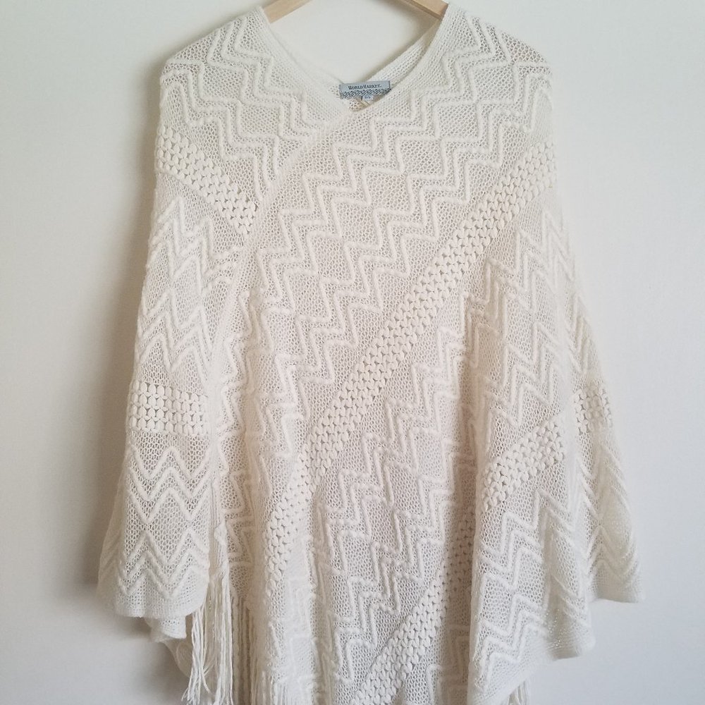 Long Boho Knit Poncho with Fringe in Ivory. NWOT